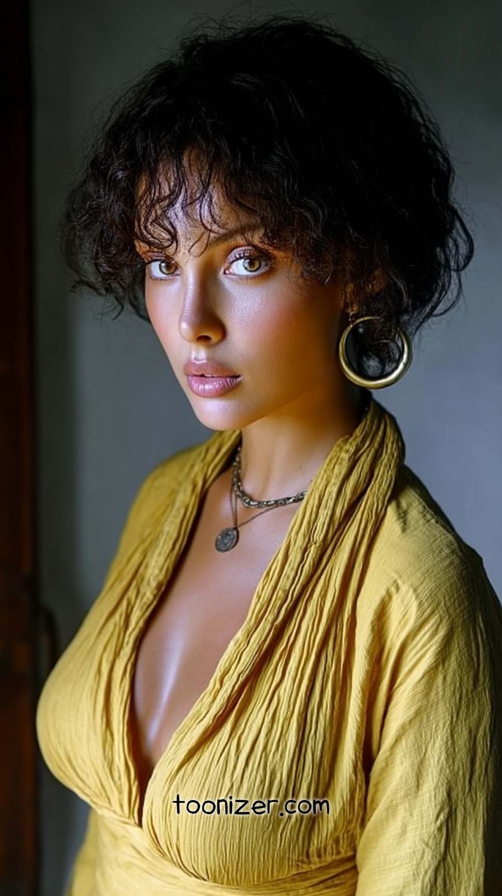 Woman in yellow dress portrait with jewelry.