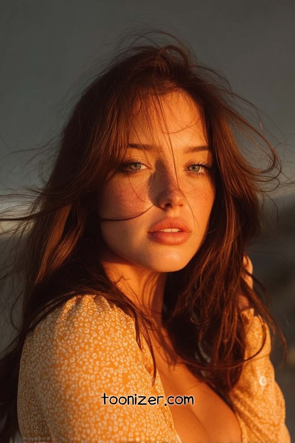 Woman with windblown hair in sunset light