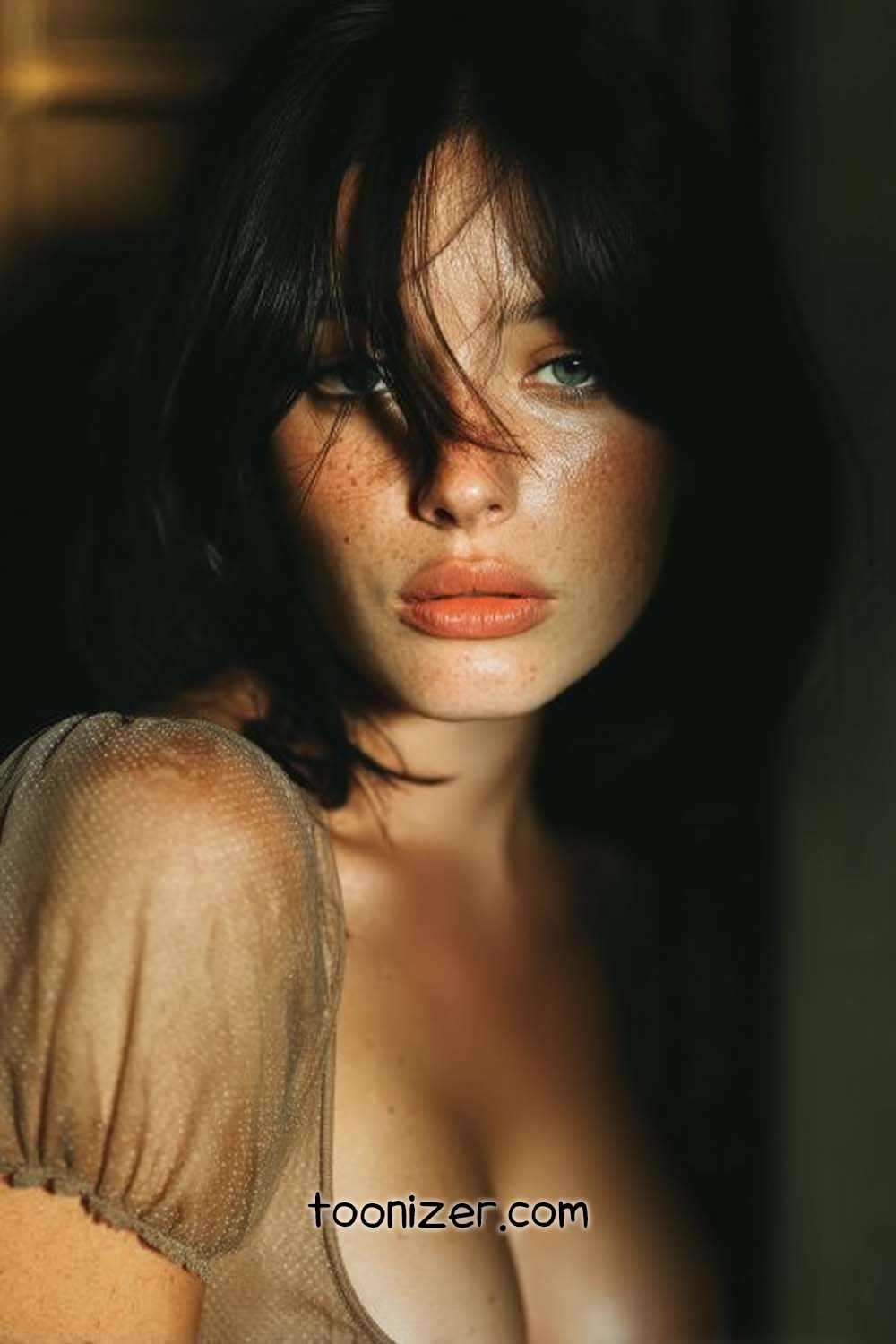 Portrait of person with freckles and dark hair.