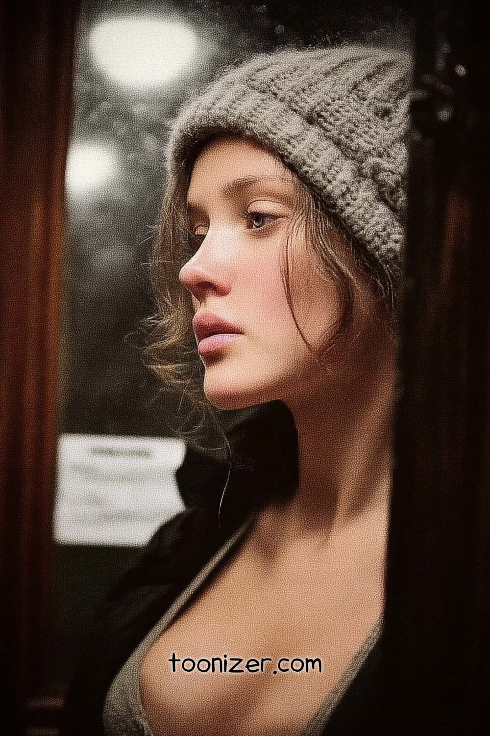 Woman in winter hat gazing thoughtfully.
