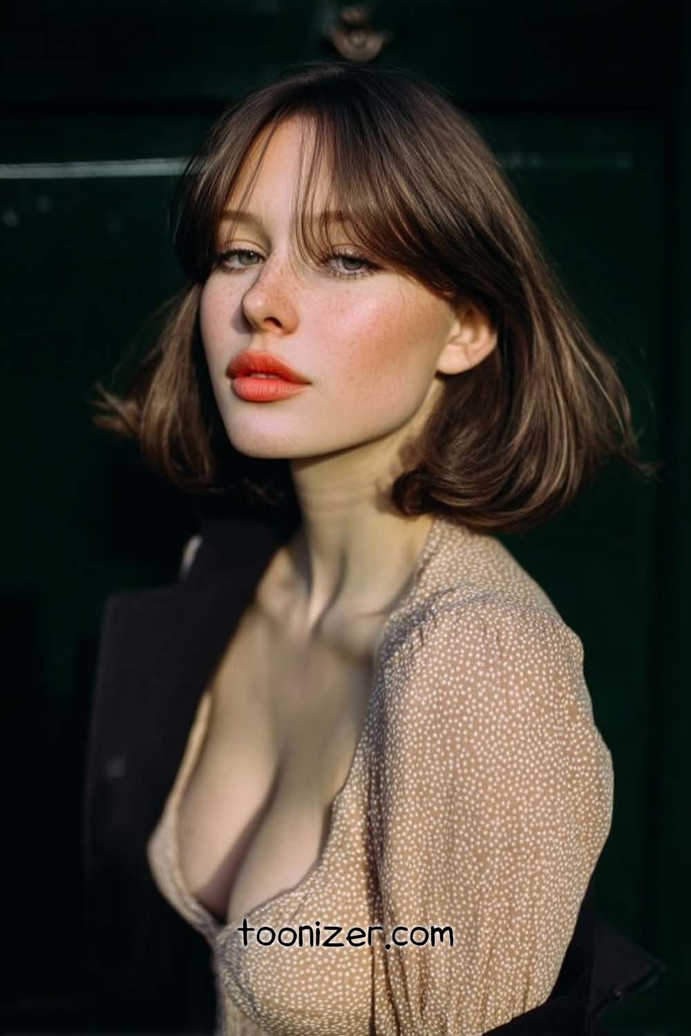 Woman with short brown hair and freckles.