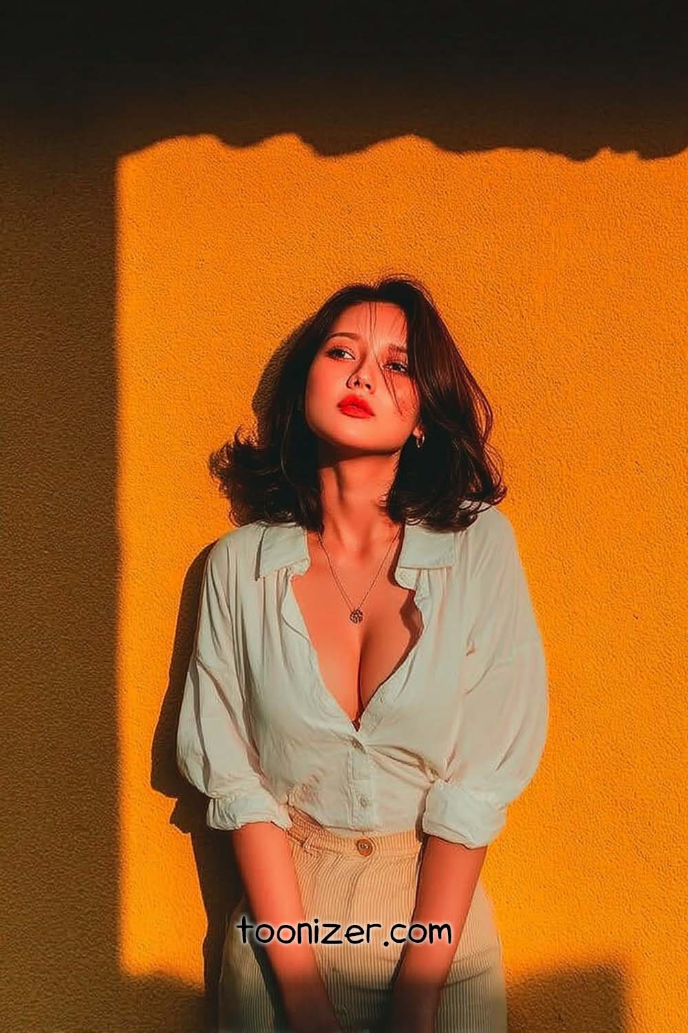 Woman in white shirt against orange wall.