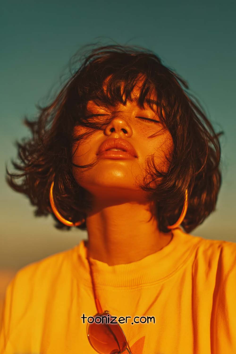 Woman with closed eyes in sunset lighting