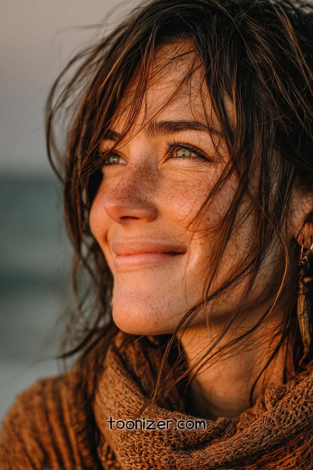 Woman smiling warmly in golden light.