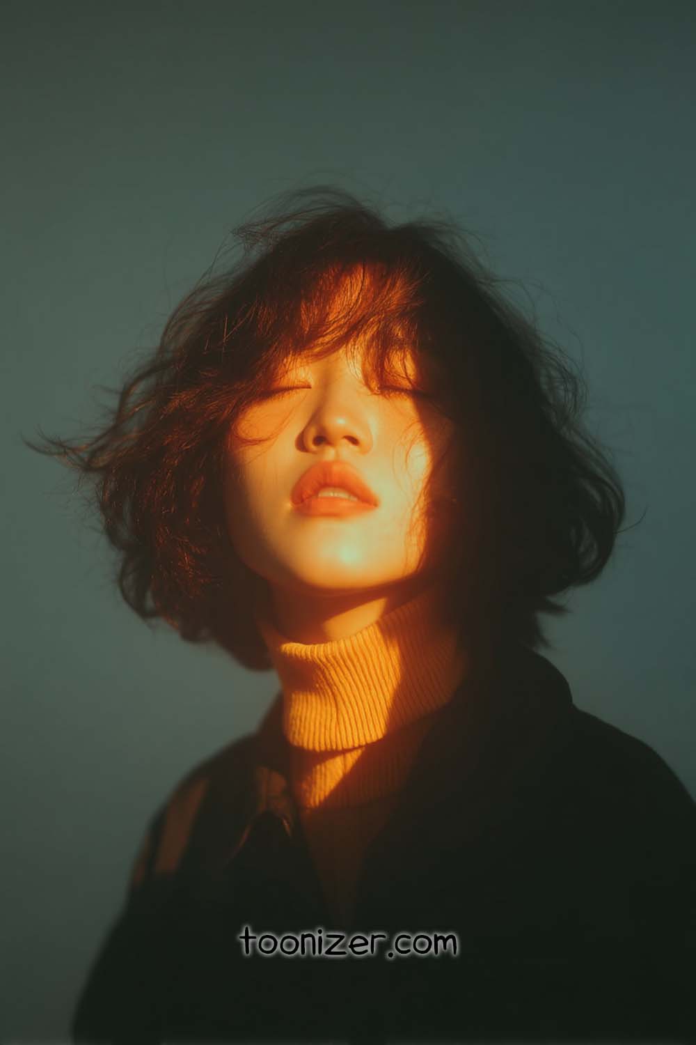 Woman with eyes closed in golden sunlight