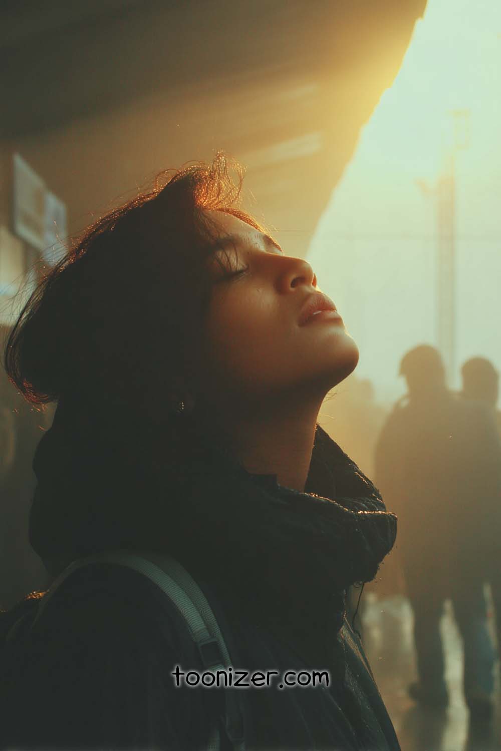 Person enjoying sunlight in a crowded area.