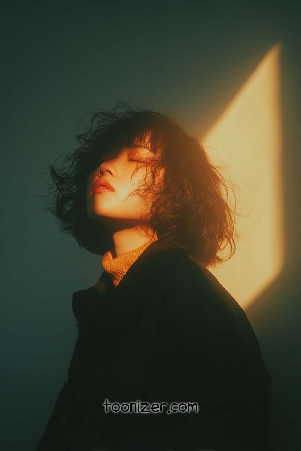 Side profile in dramatic lighting with shadows.