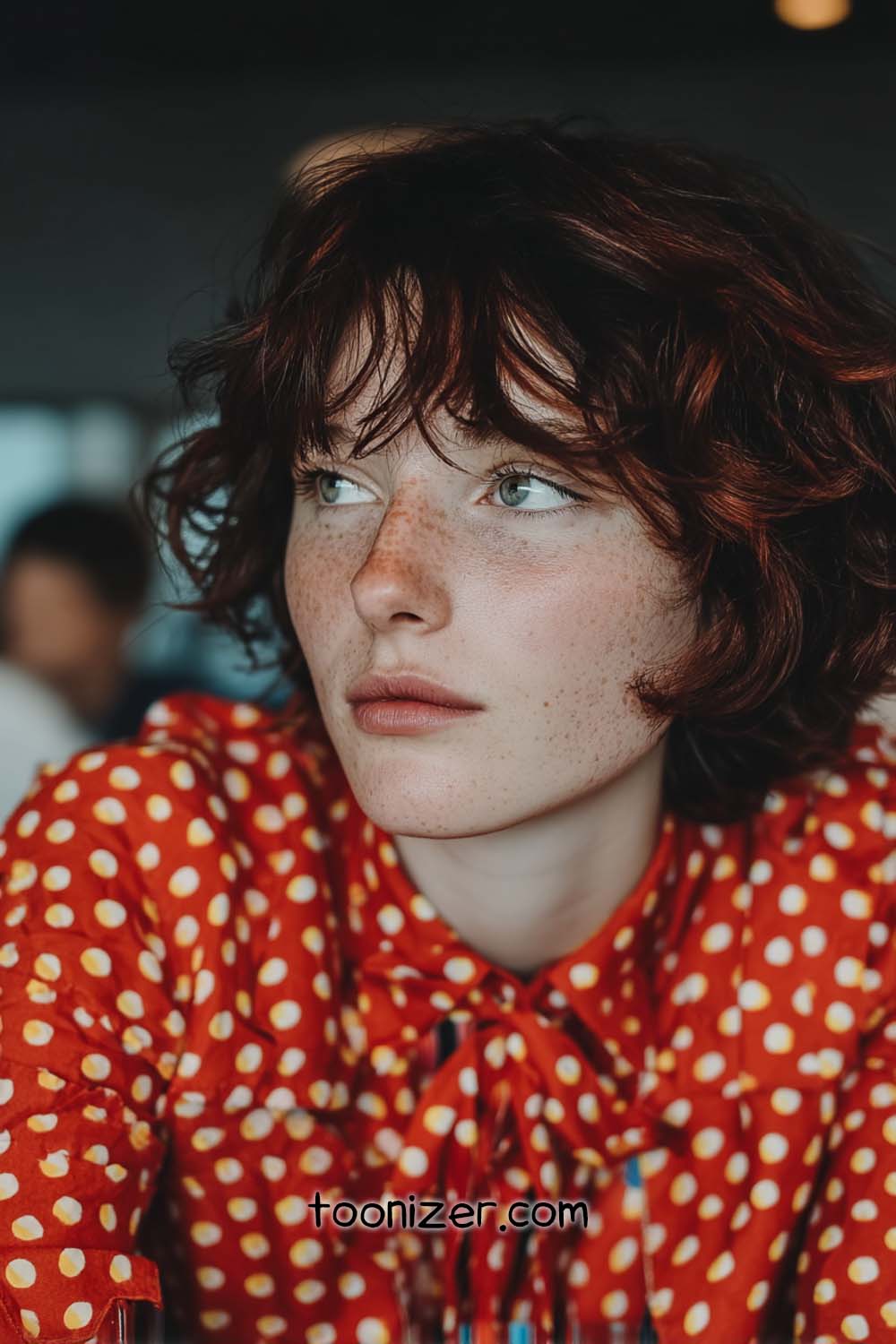 Person in polka dot shirt, looking away