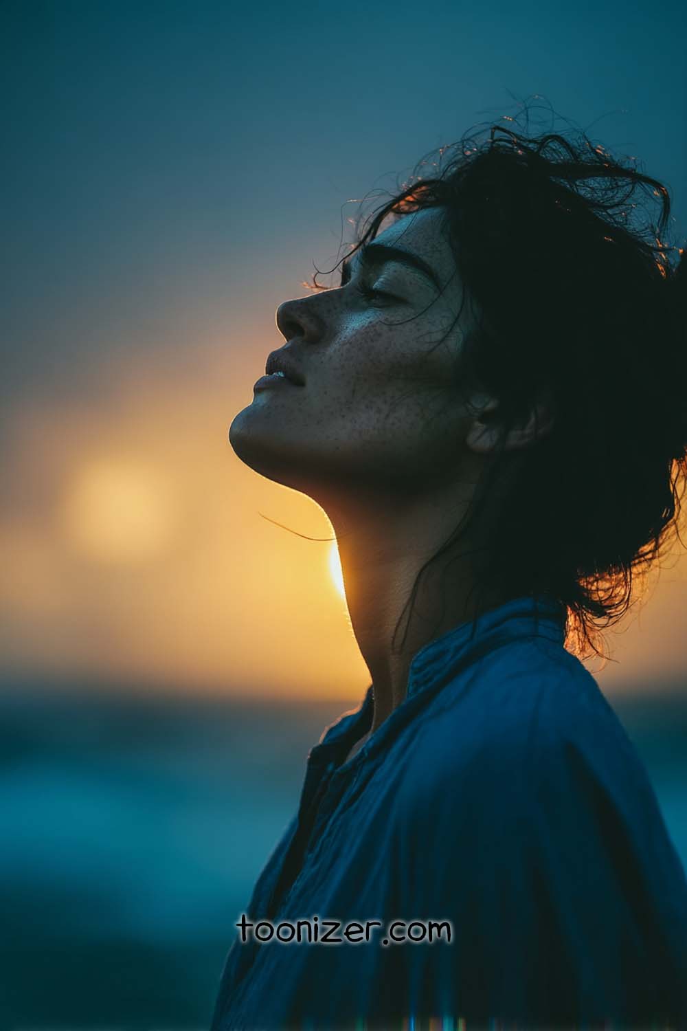 Silhouette of person against sunset at beach.