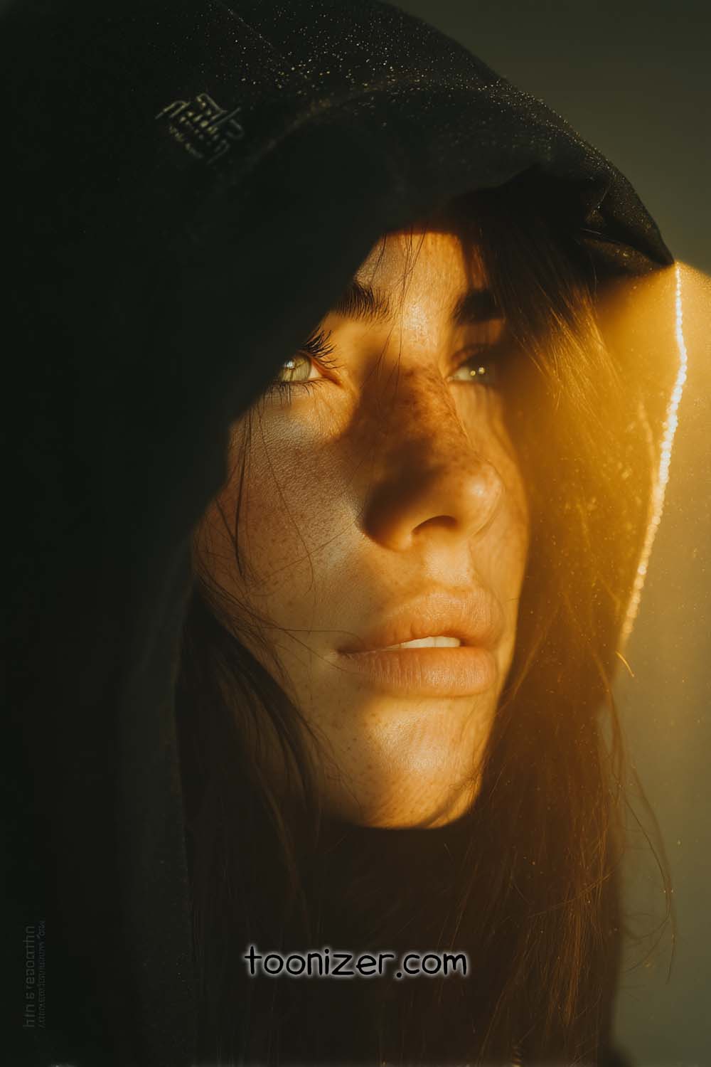 Woman in hoodie illuminated by warm sunlight
