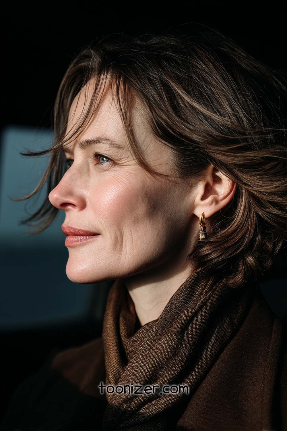 Profile of woman with short hair and earrings.