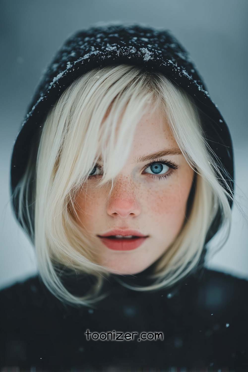 Person with hood in snow background