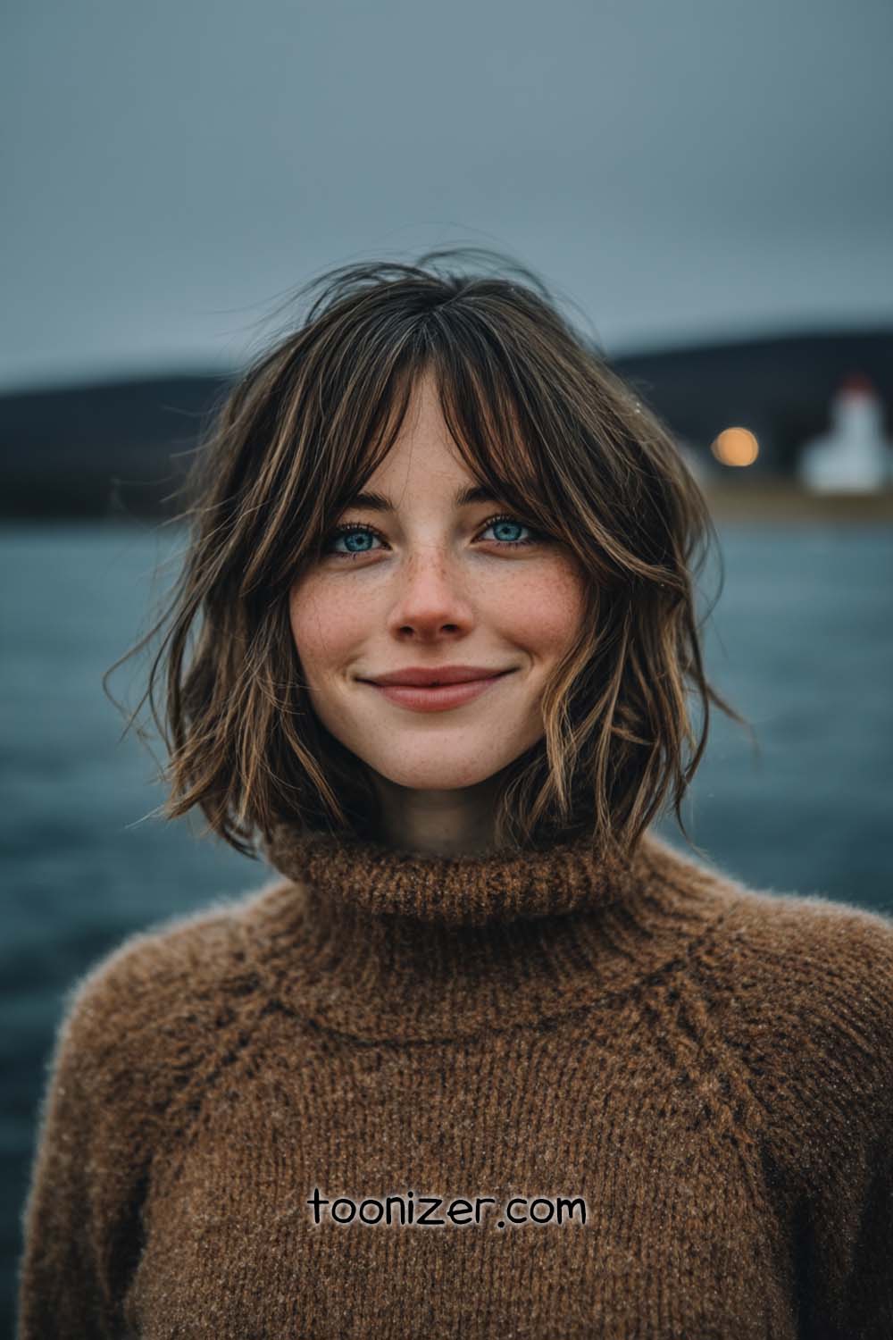 Woman smiling by the sea in cozy sweater.