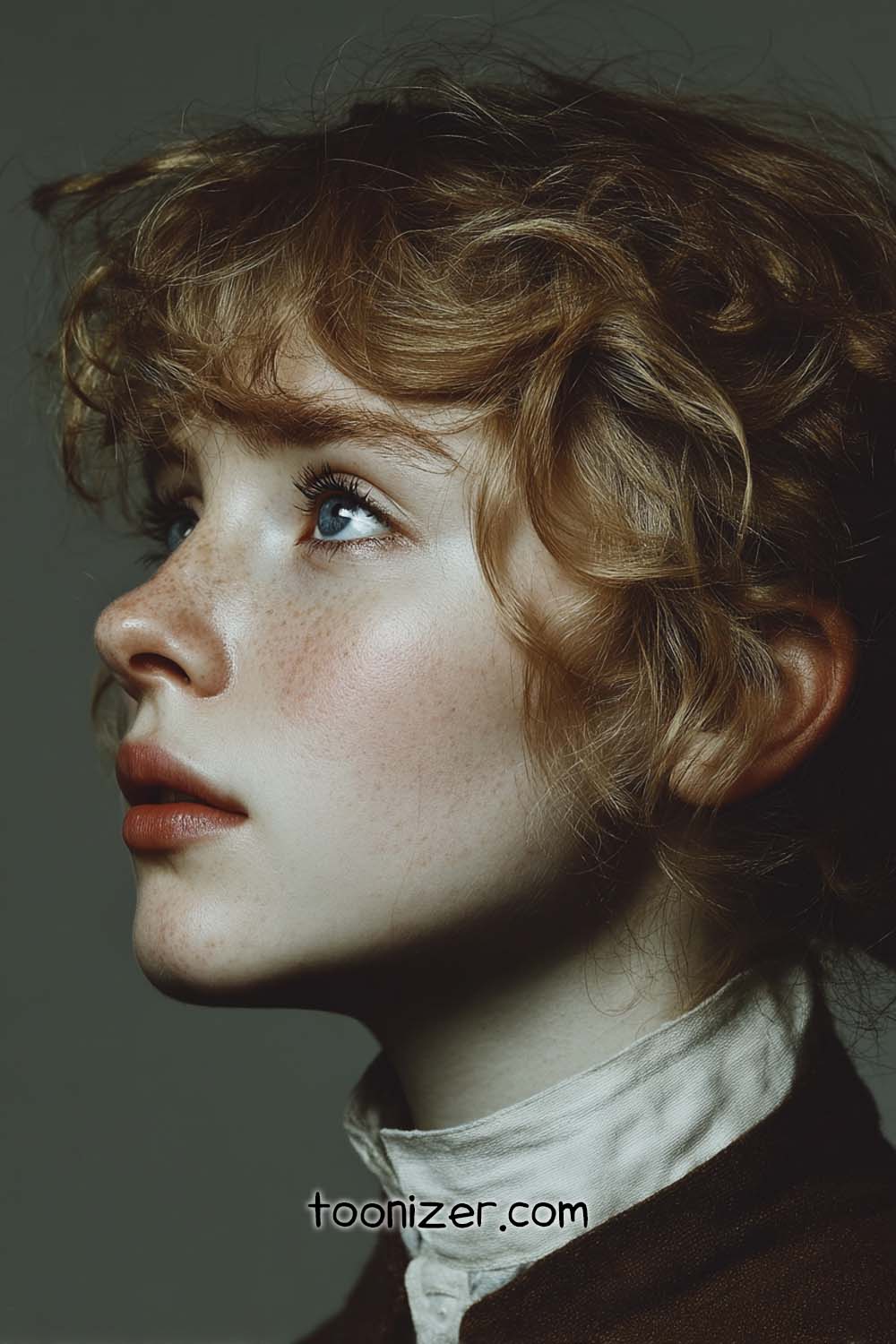 Profile of a thoughtful person with freckles.