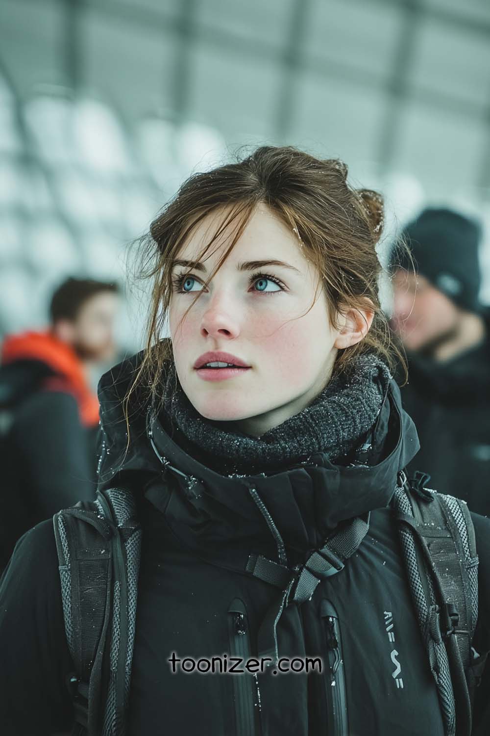 Person in winter coat with snowy background.