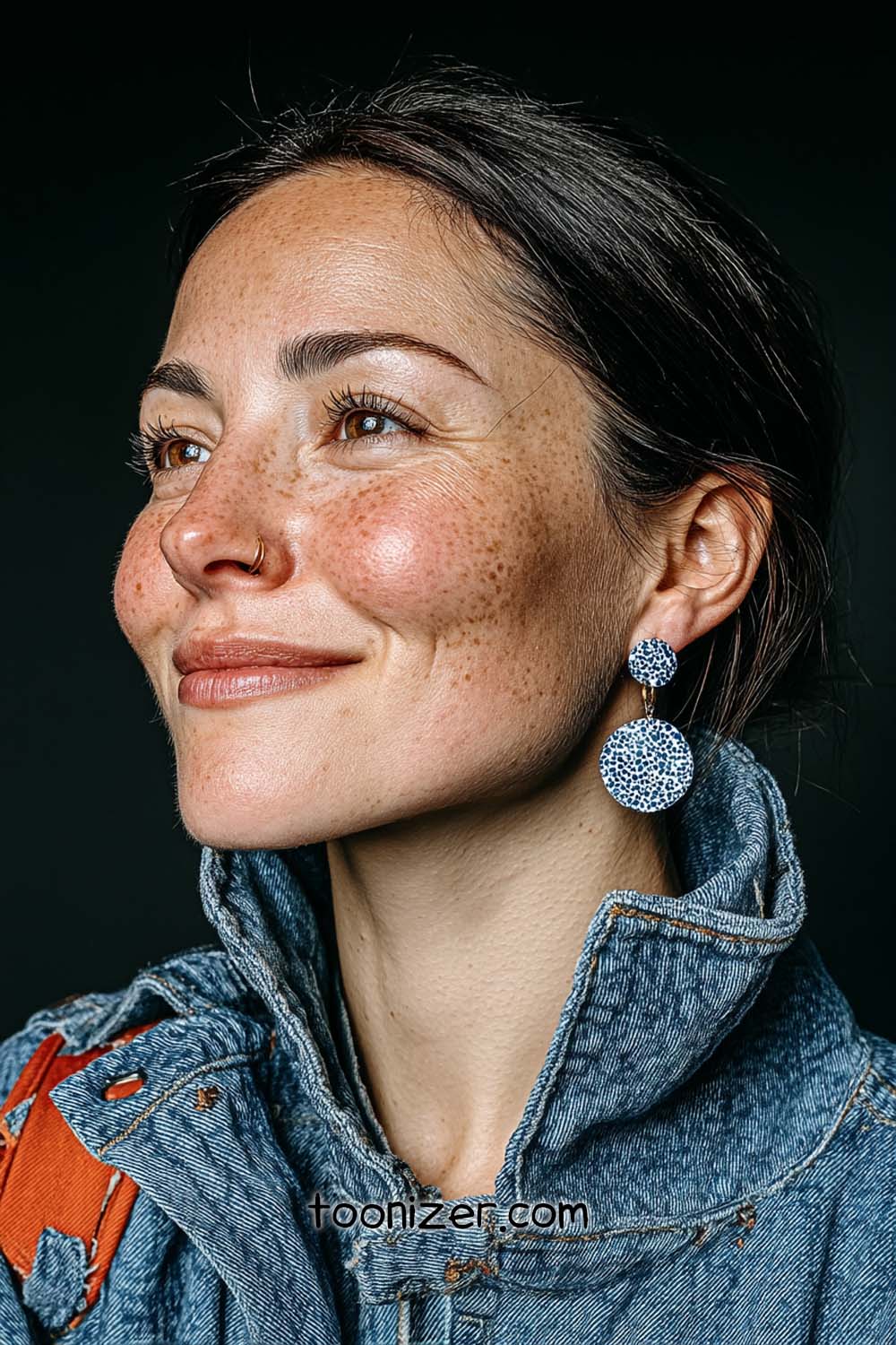 Smiling woman with freckles wearing denim jacket.