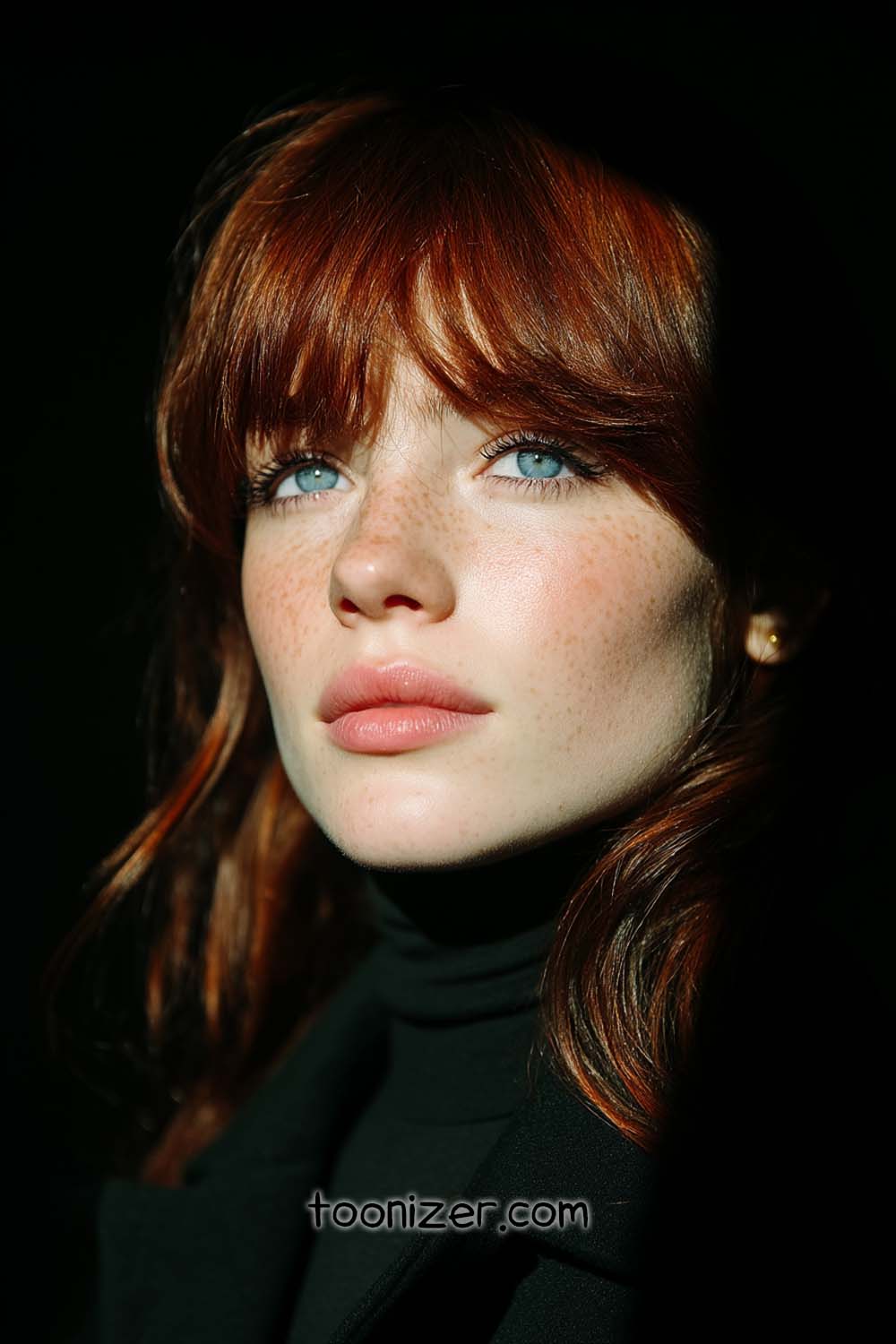 Woman with red hair and blue eyes in shadow