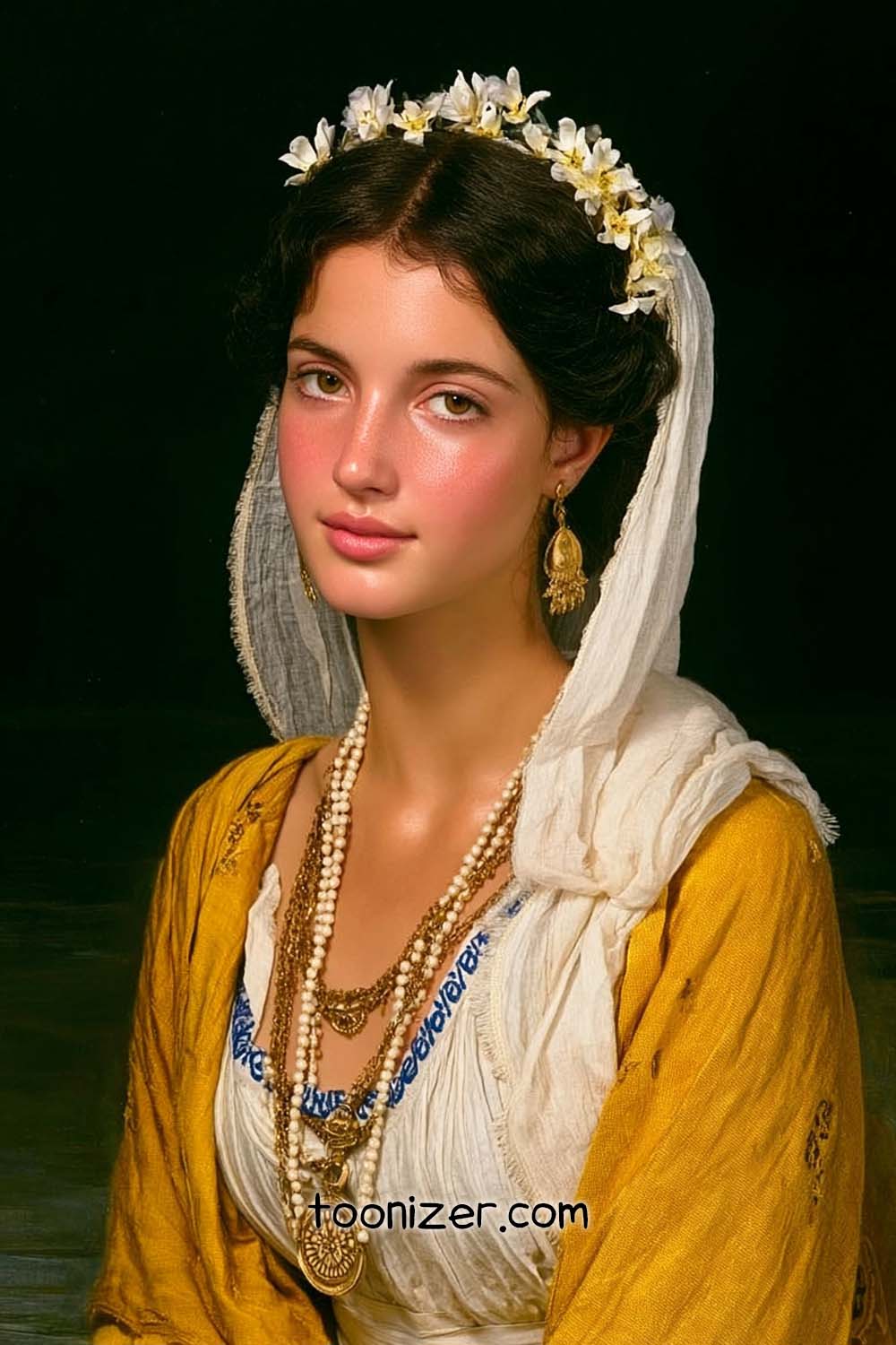 Woman in traditional attire with floral headpiece