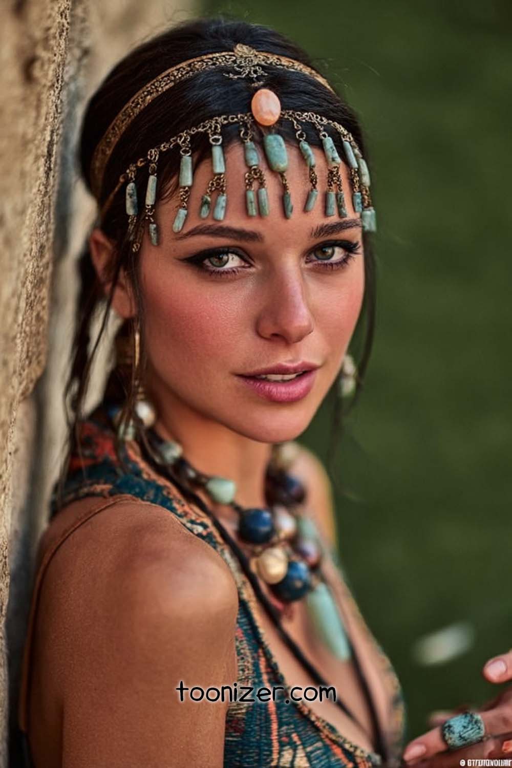 Woman with decorative jewelry and headpiece