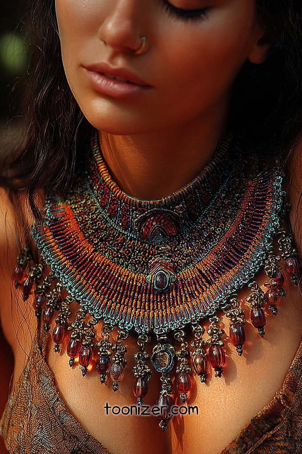 Woman wearing intricate beaded necklace