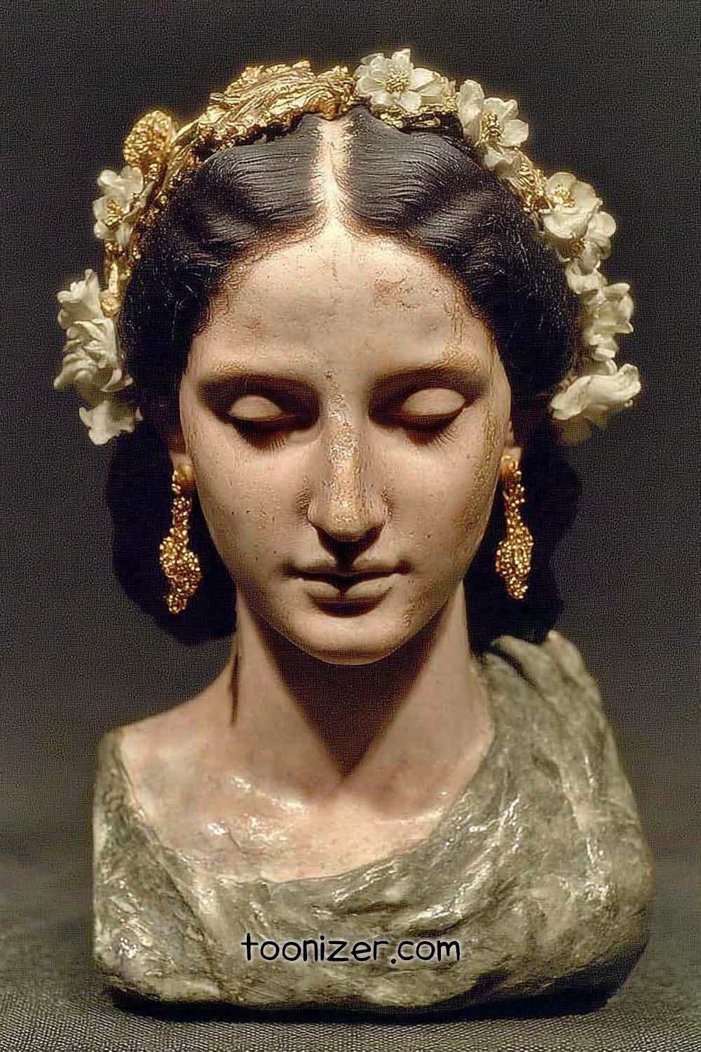 Realistic bust of a serene woman with flowers.