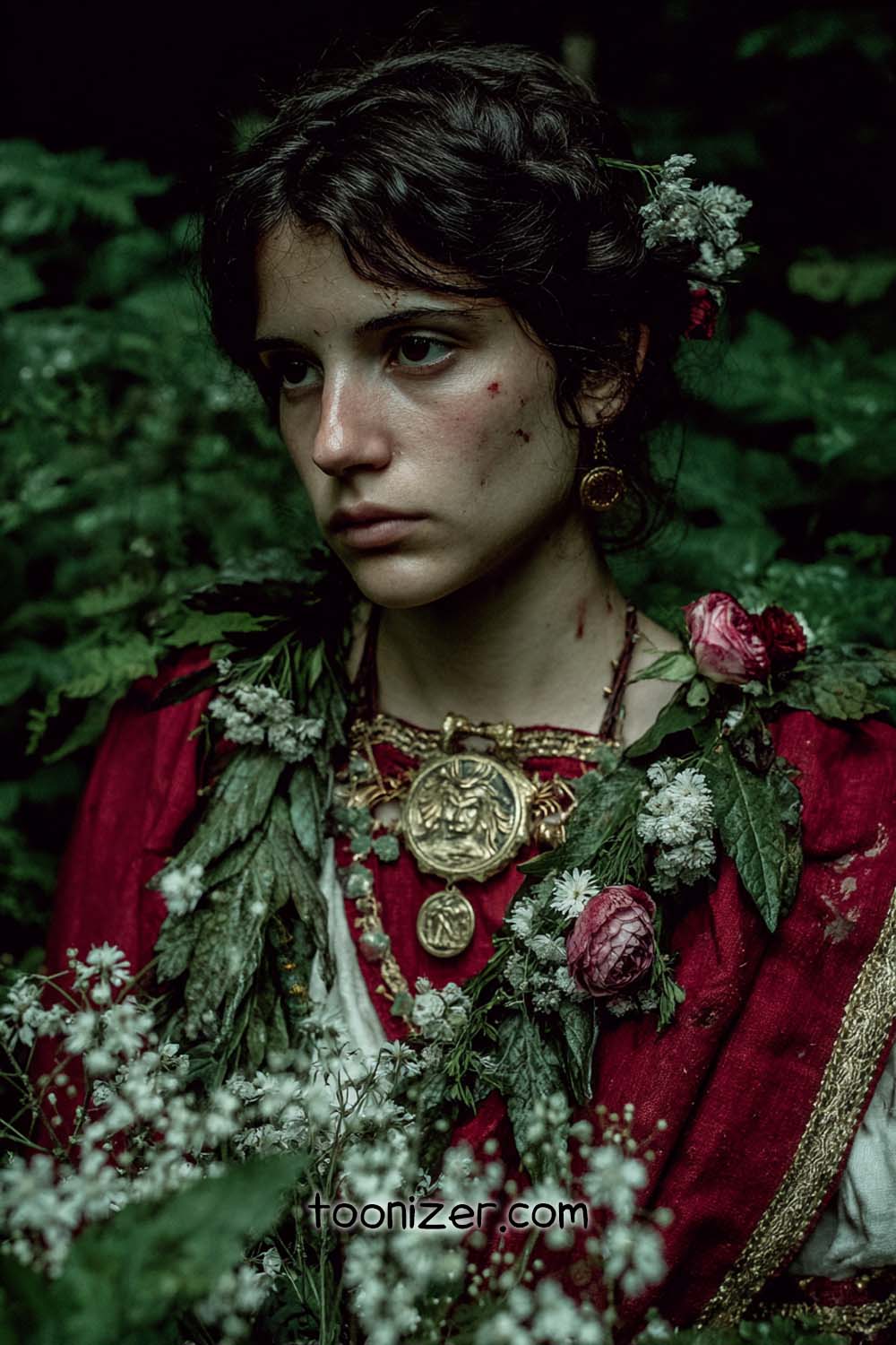 Woman in medieval costume with floral adornments.