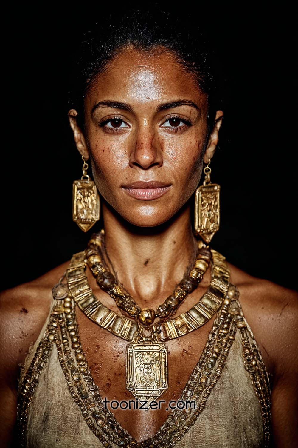 Woman adorned with intricate gold jewelry