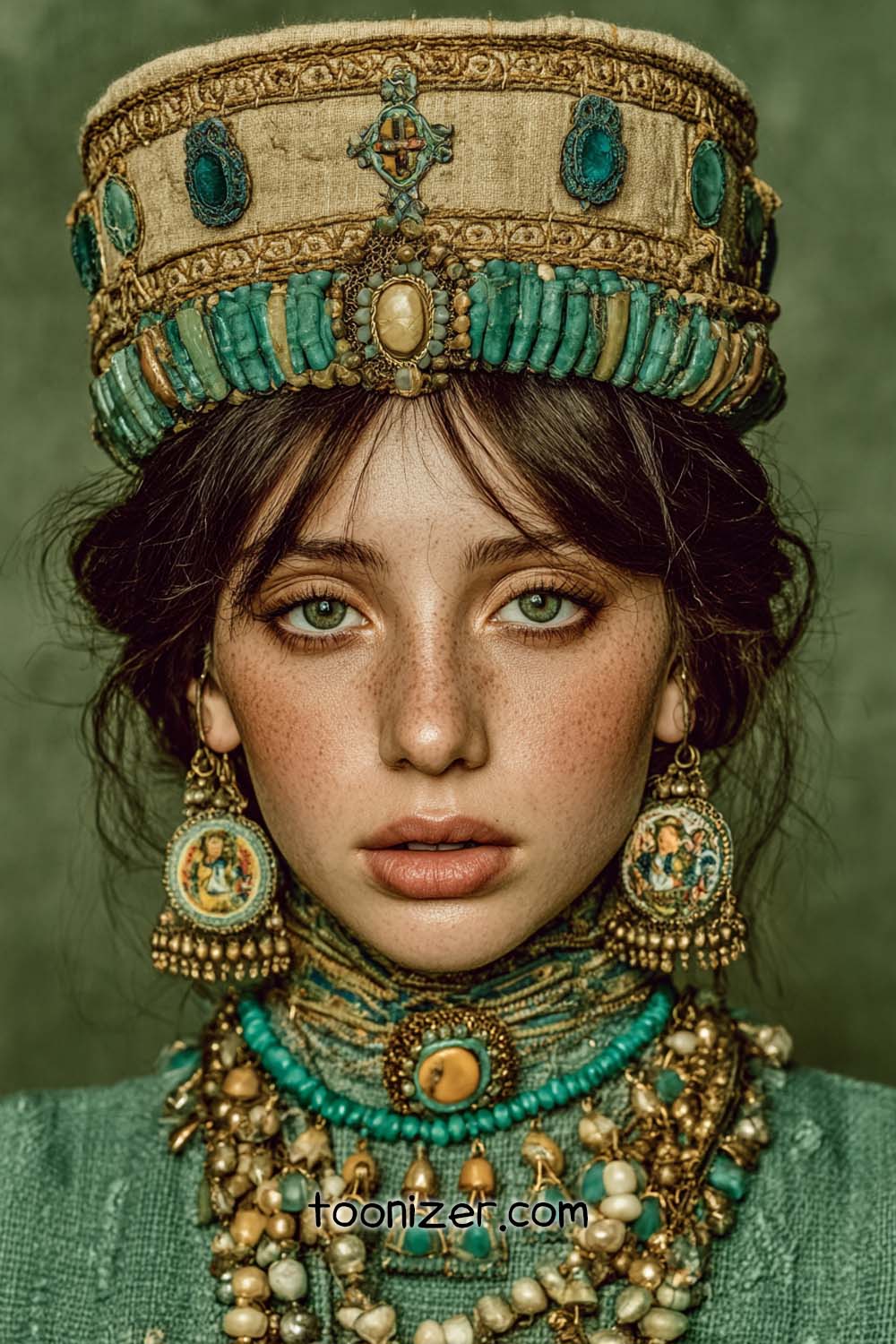 Woman in ornate headdress and jewelry.