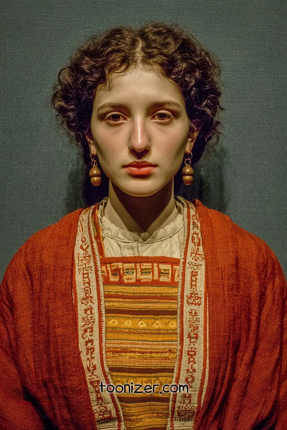 Woman in traditional attire with curly hair, earrings.