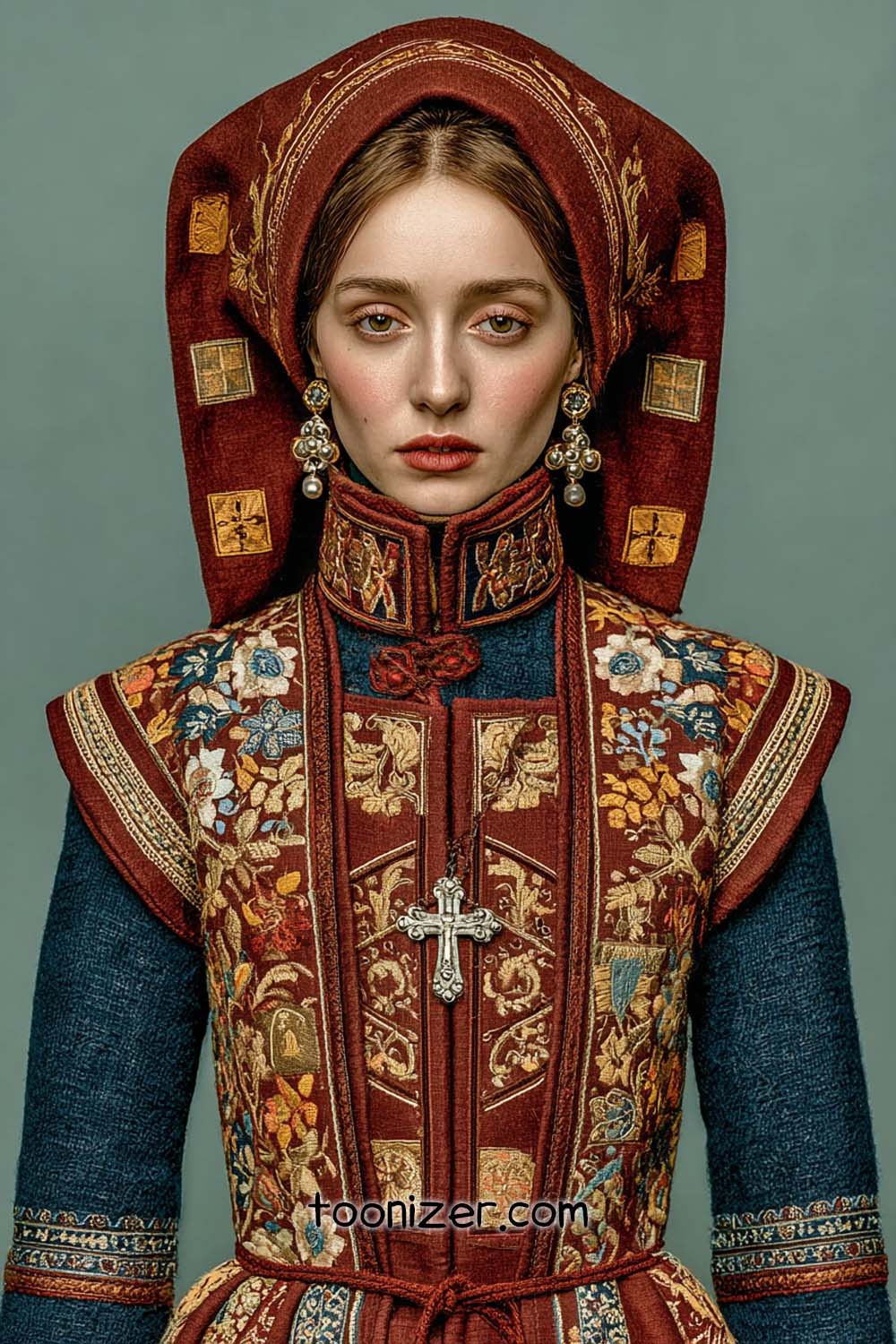 Woman in ornate traditional embroidered costume.