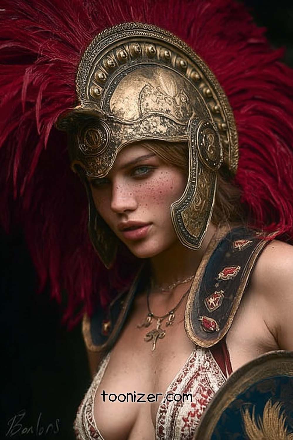 Woman in ornate armor with feathered helmet