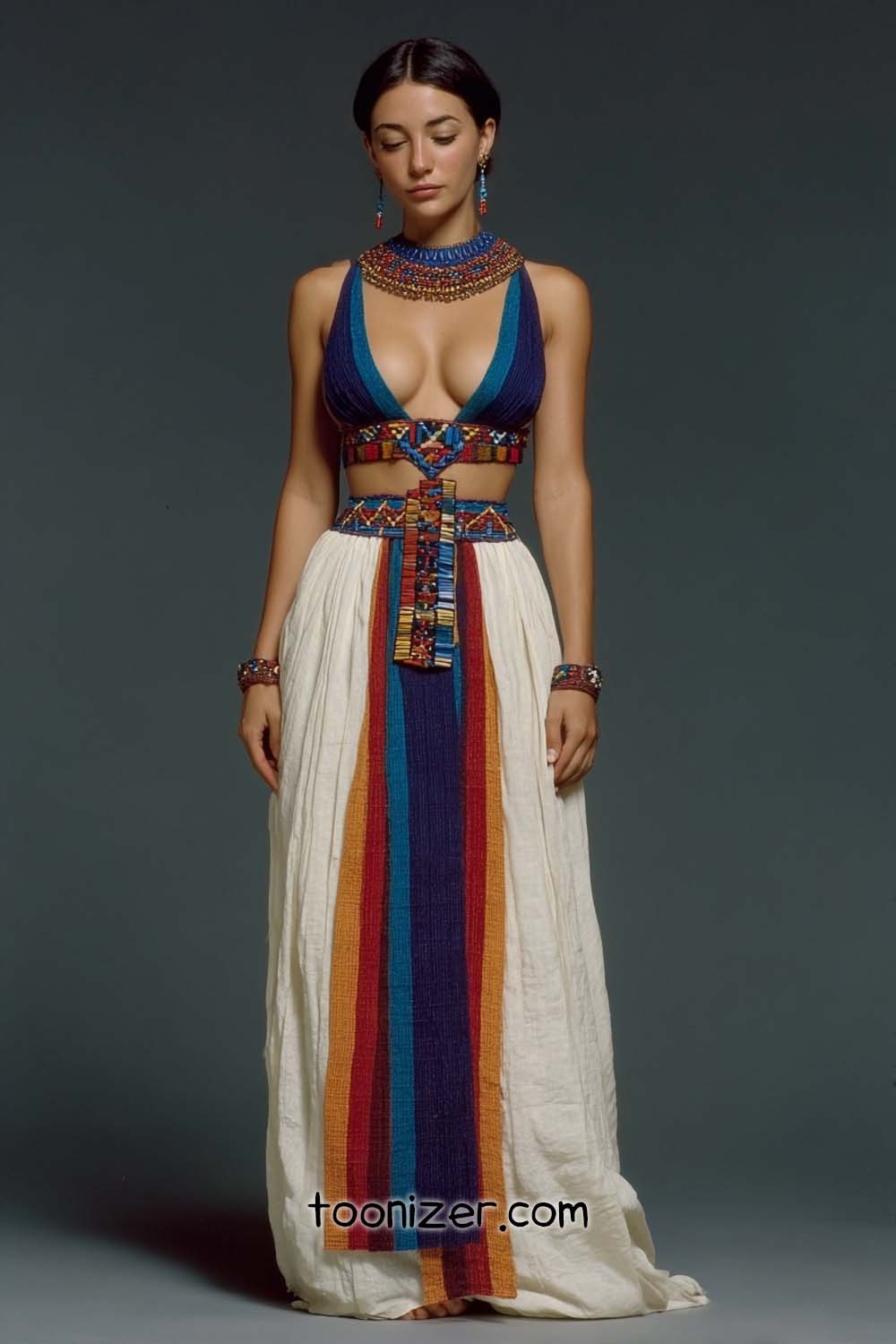 Colorful dress with beaded accessories