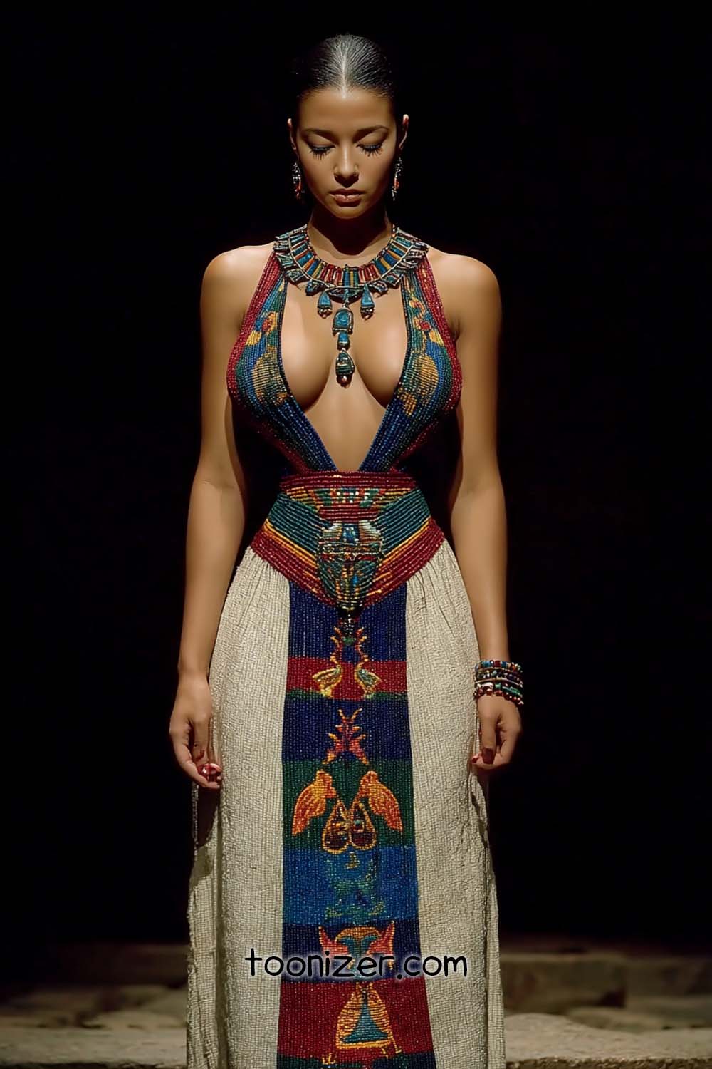 Woman in colorful ancient-style dress and jewelry