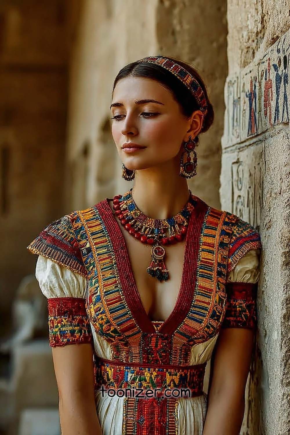 Woman in ancient Egyptian attire by stone wall.