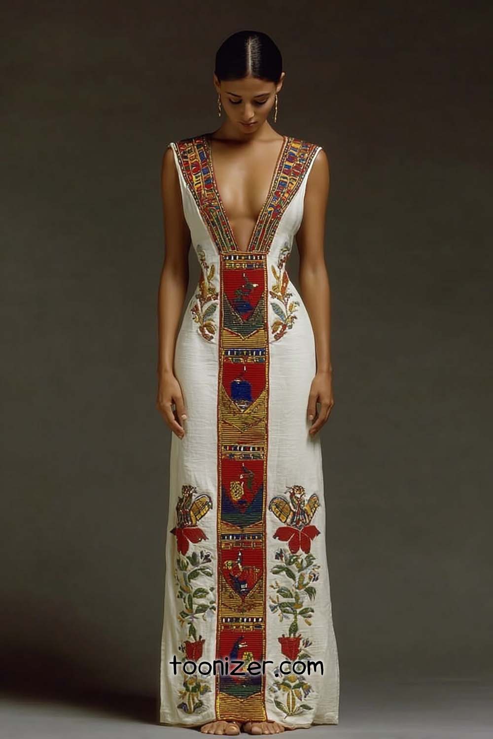 Woman wearing an intricately designed long gown.