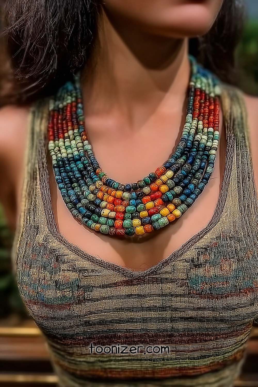 Colorful beaded necklace on patterned dress