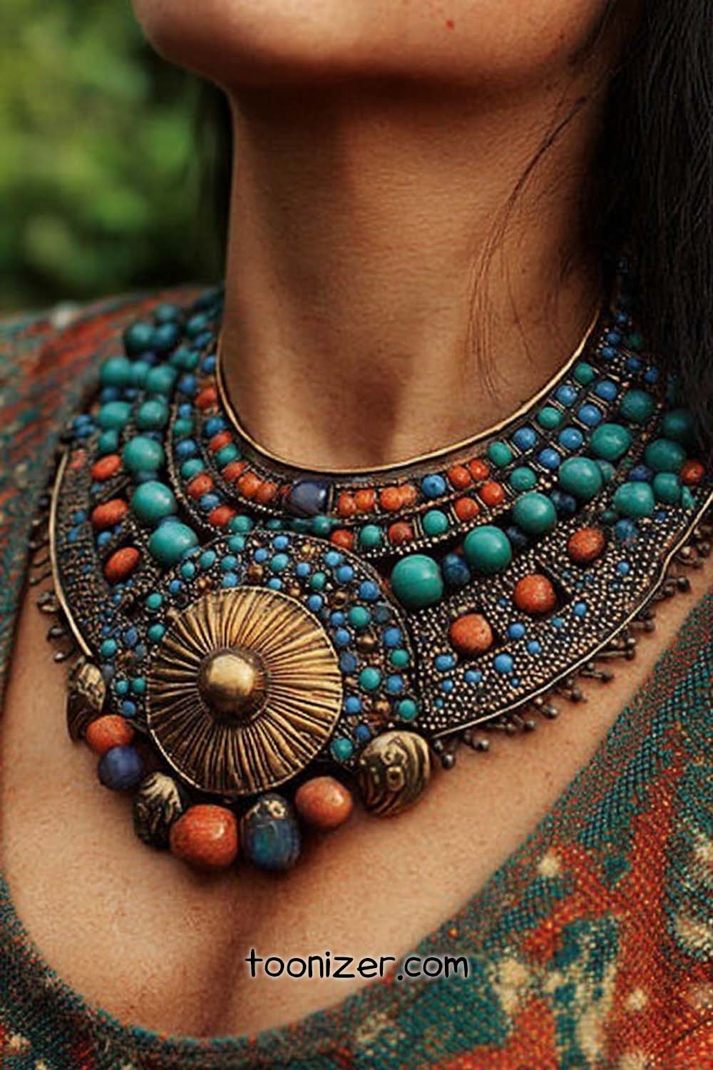 Colorful beaded necklace with metal accents on woman.
