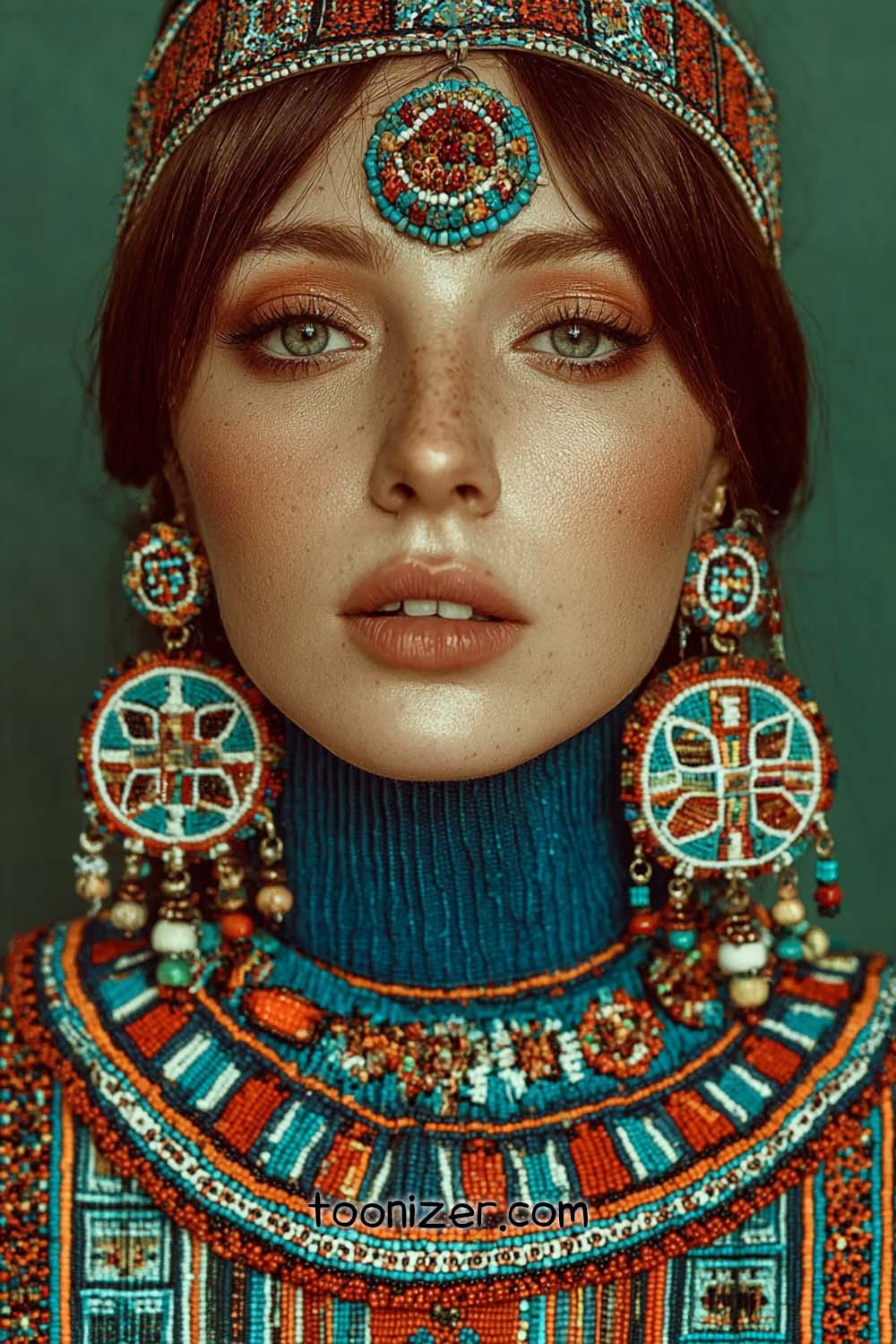 Woman with colorful beaded jewelry and headdress