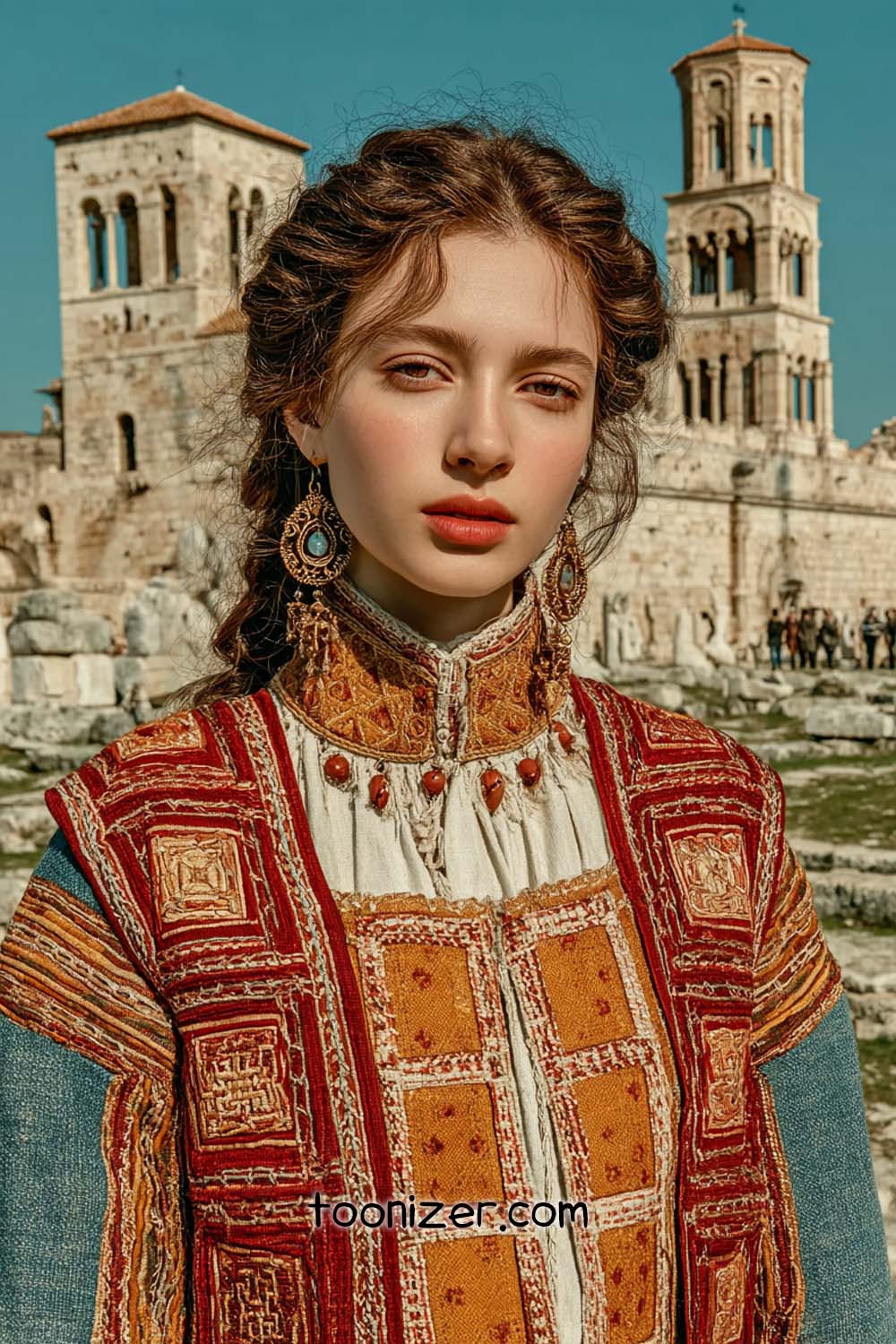 Woman in traditional attire, historical building background.
