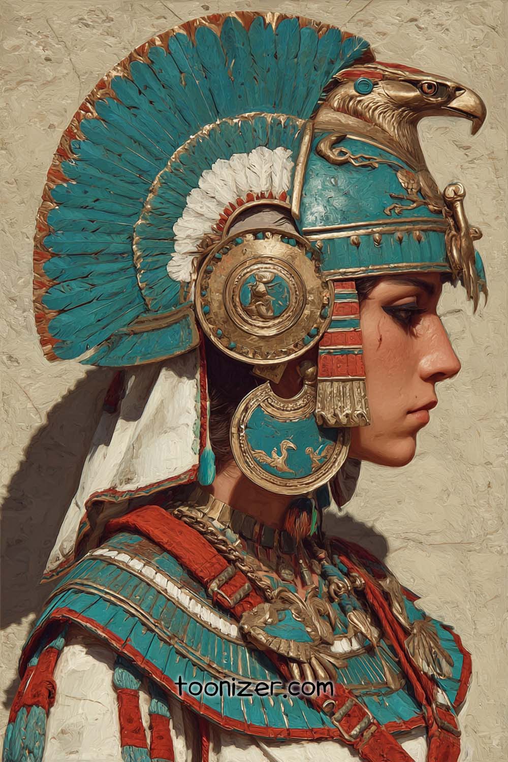 Illustration of person in elaborate ancient warrior costume.