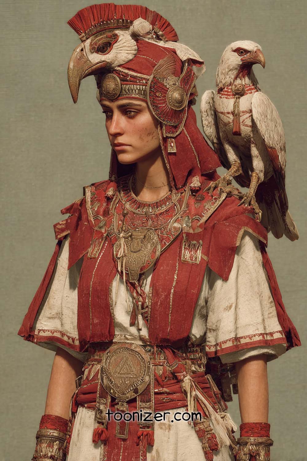 Warrior in ornate armor with bird companion.