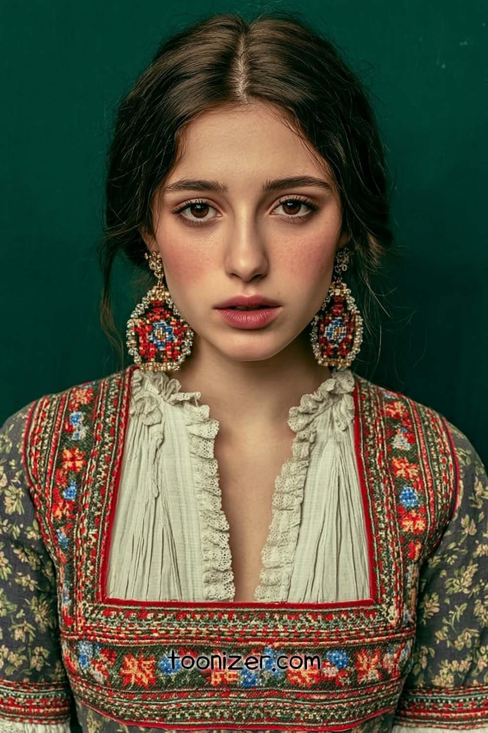 Woman in floral dress with colorful earrings