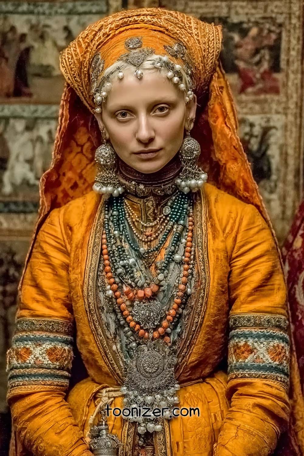 Woman in ornate traditional costume and jewelry.