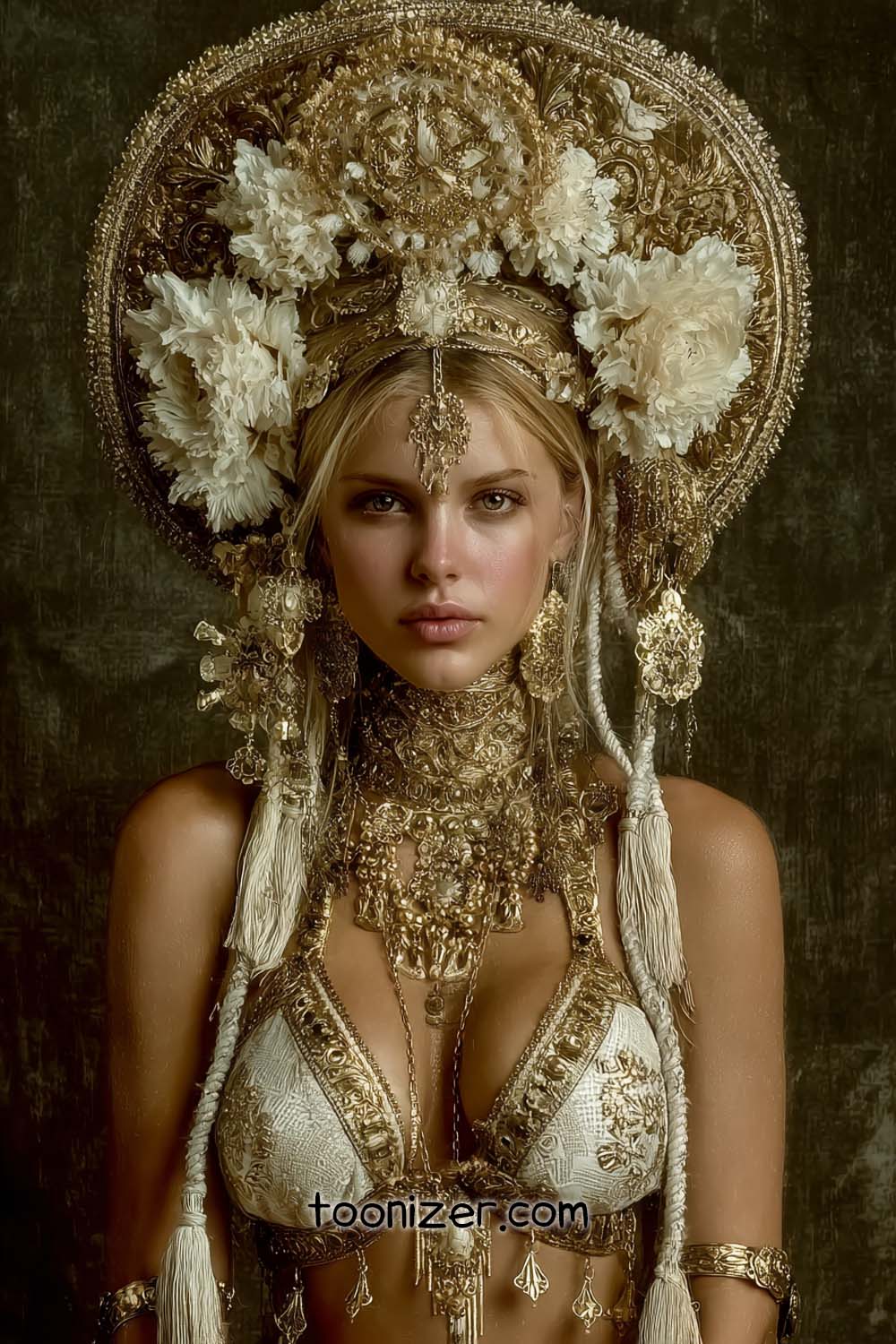 Woman in ornate headdress and jewelry.