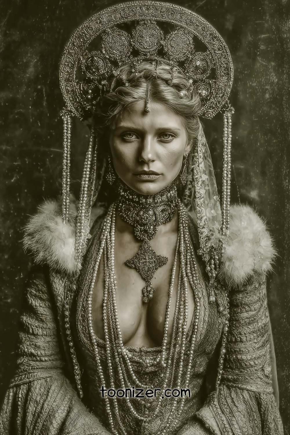 Woman in ornate historical costume and headdress