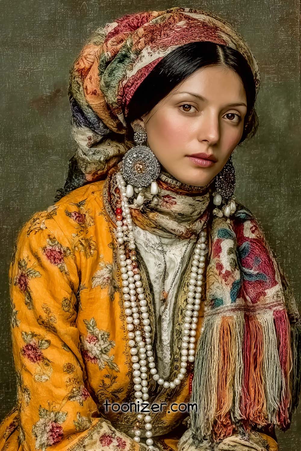 Colorful traditional attire with scarf and jewelry