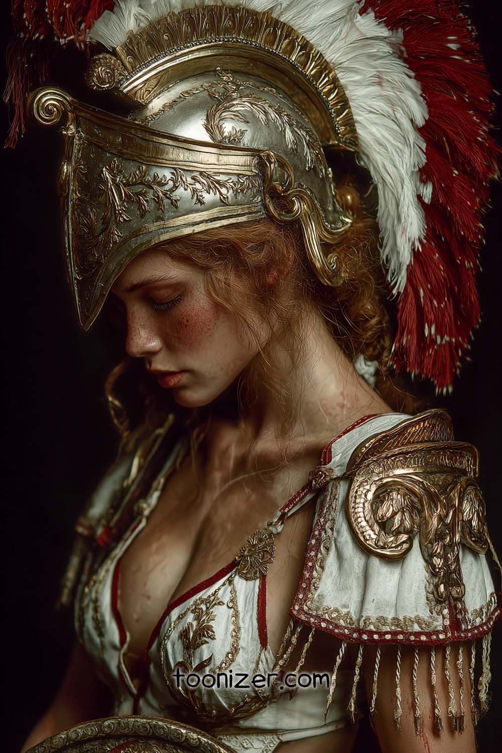 Woman in ornate armor and helmet