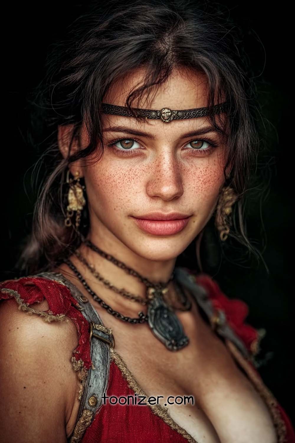Woman wearing a headband and necklaces with red dress.