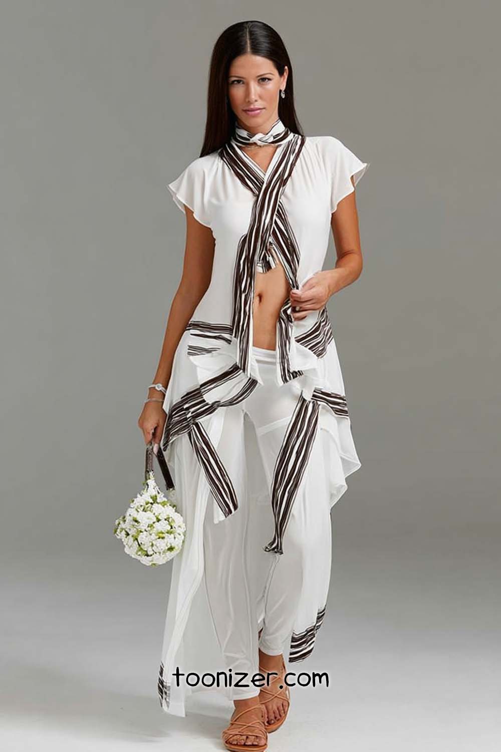 Woman in chic white outfit, flower handbag.