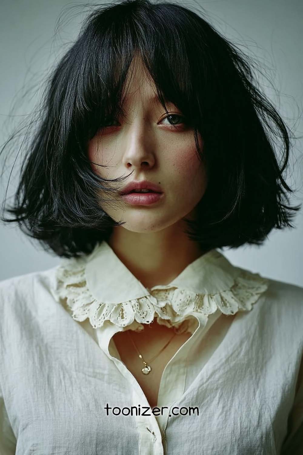 Woman with black hair and lace collar.